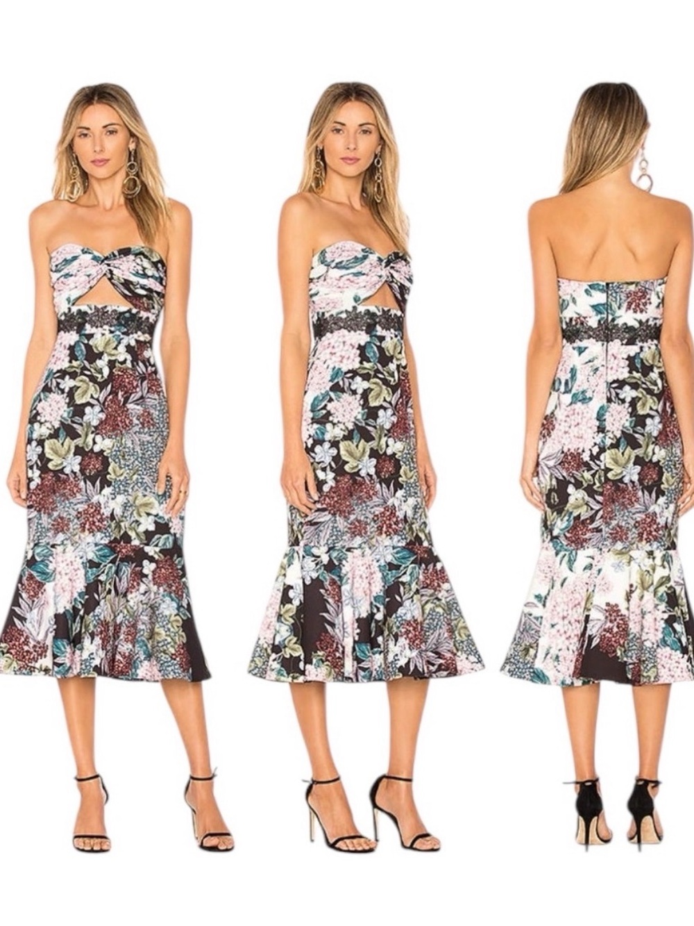 KEEPSAKE the Label Floral Strapless Cutout Midi Dress - Black, Pink, Green